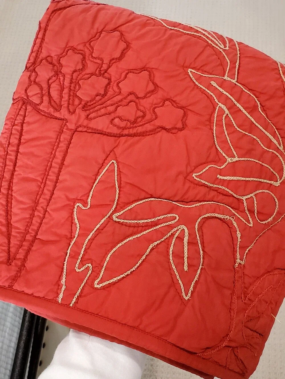 3 Pottery Barn Brick/Tan Organic Cotton Crewel Leaf Botanical Quilted Euro Shams